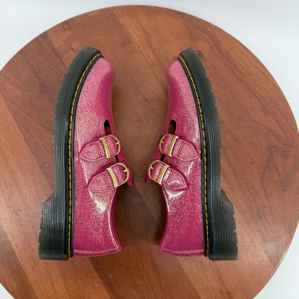 Dr. Martens 8065 J Mary Jane Pink Glitter Double Buckle School Shoes Size Kids 3
